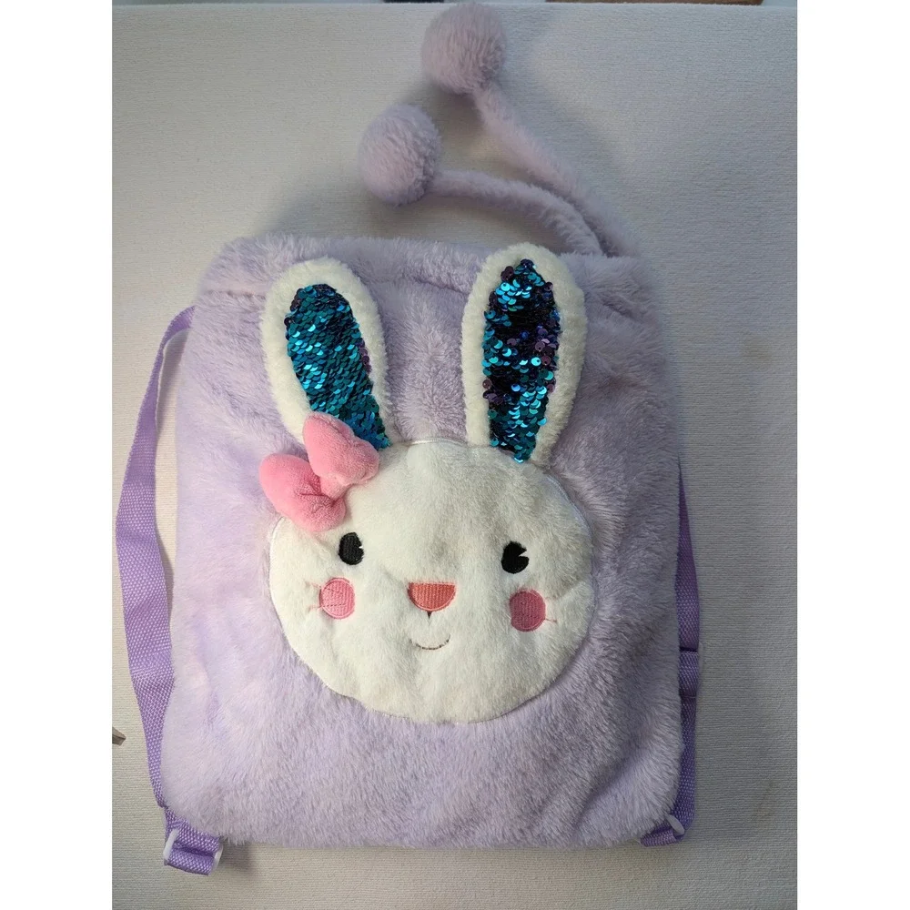 Kids Plush Bunny Backpack with Polka Dot Fleece Blanket Set Lavender